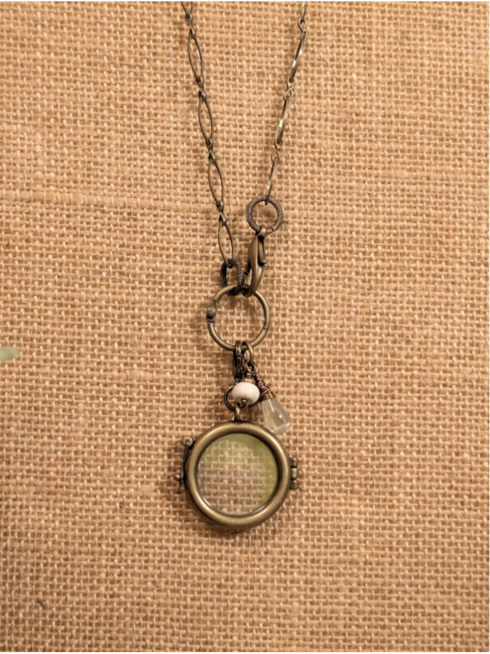 Handcrafted Boho Antiqued Brass Oval Chain Link Glass Framed Locket Necklace